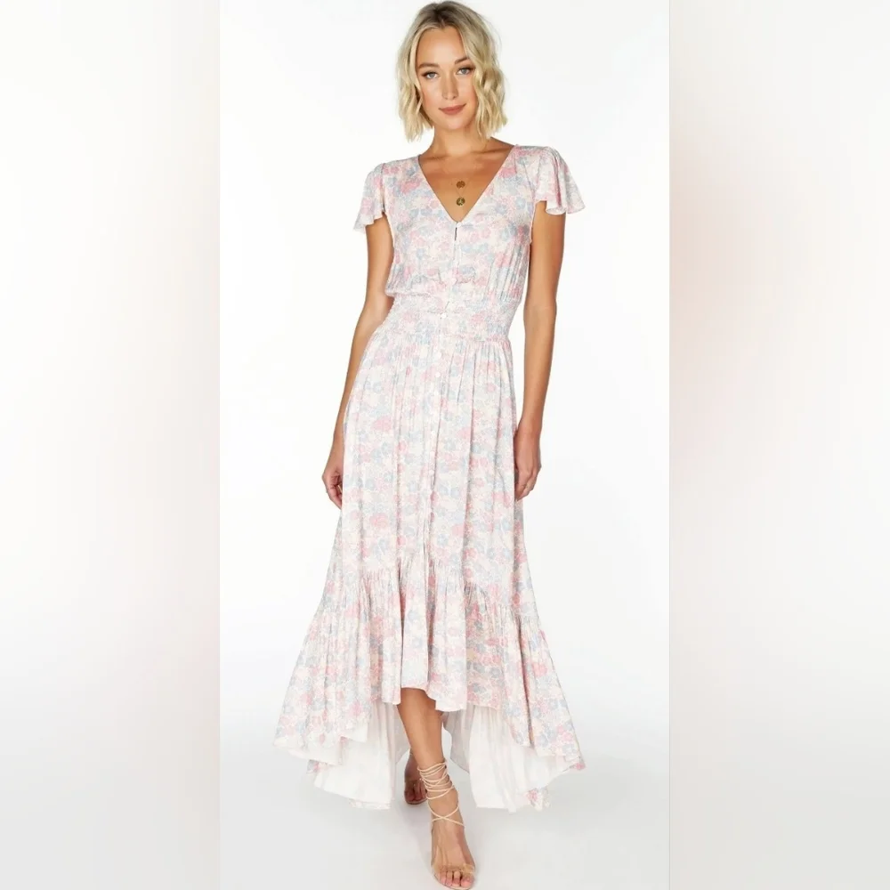NWT! Luxe Bobi Anthro Pastel Chic Floral Print Ruffled Cottagecore Maxi Dress XS - Picture 16 of 16
